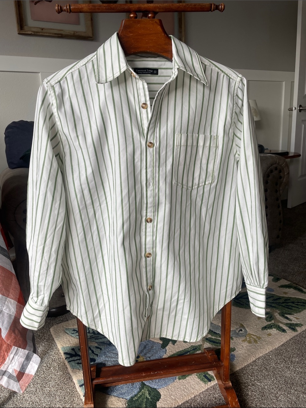 Green Stripe Button-Up Blouse Long Sleeve Shirt by Emerson Lane